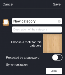 New category screen including description field, select motif option, and a switch to protect the category by password