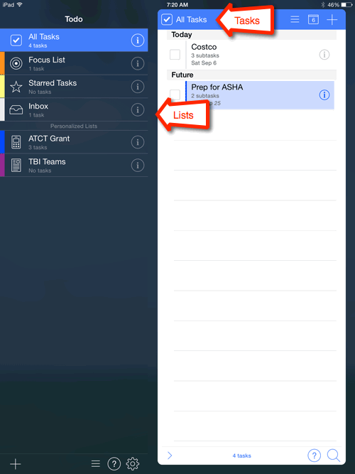 Main Todo 7 screen showing list column and task column